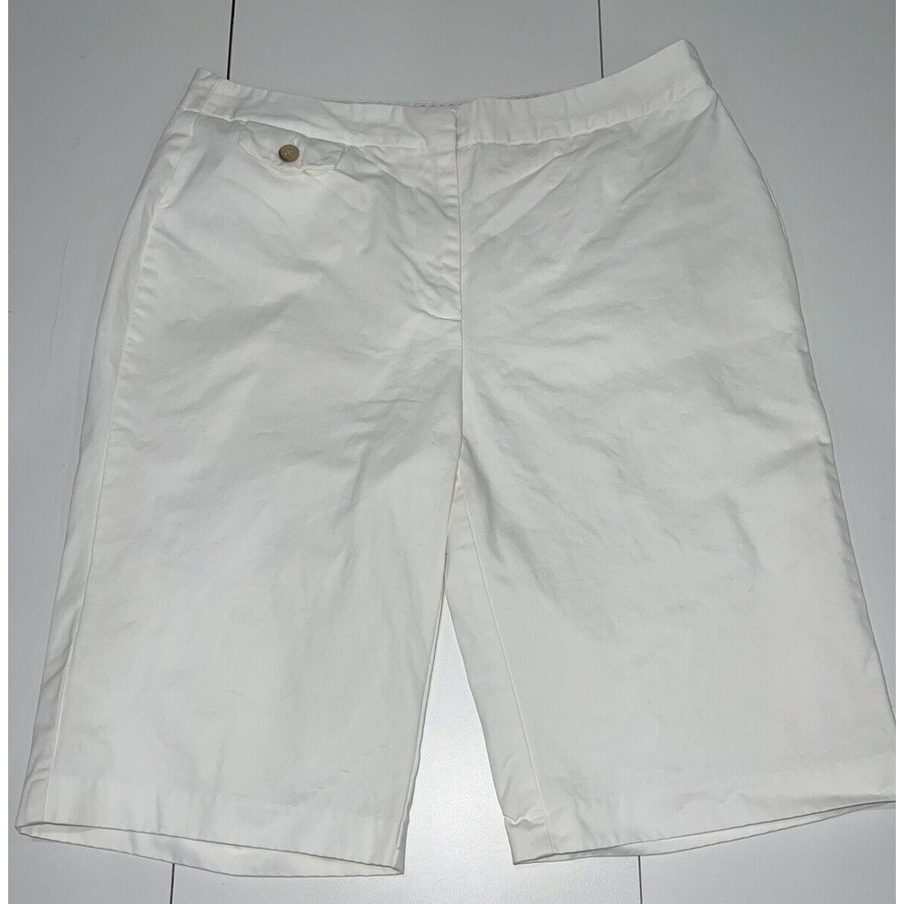 Lands' End Shorts High Rise Womens 10 Ivory White Cotton Pockets Expanding Waist